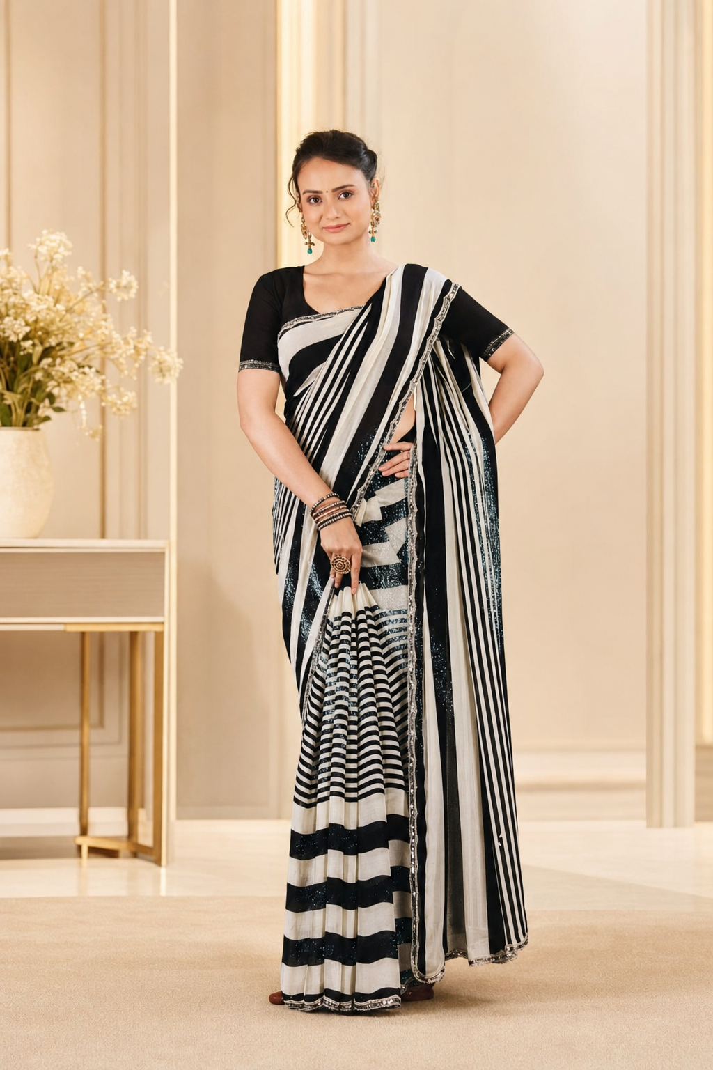 CHIFON WITH BLACK AND WHITE STRIPED
